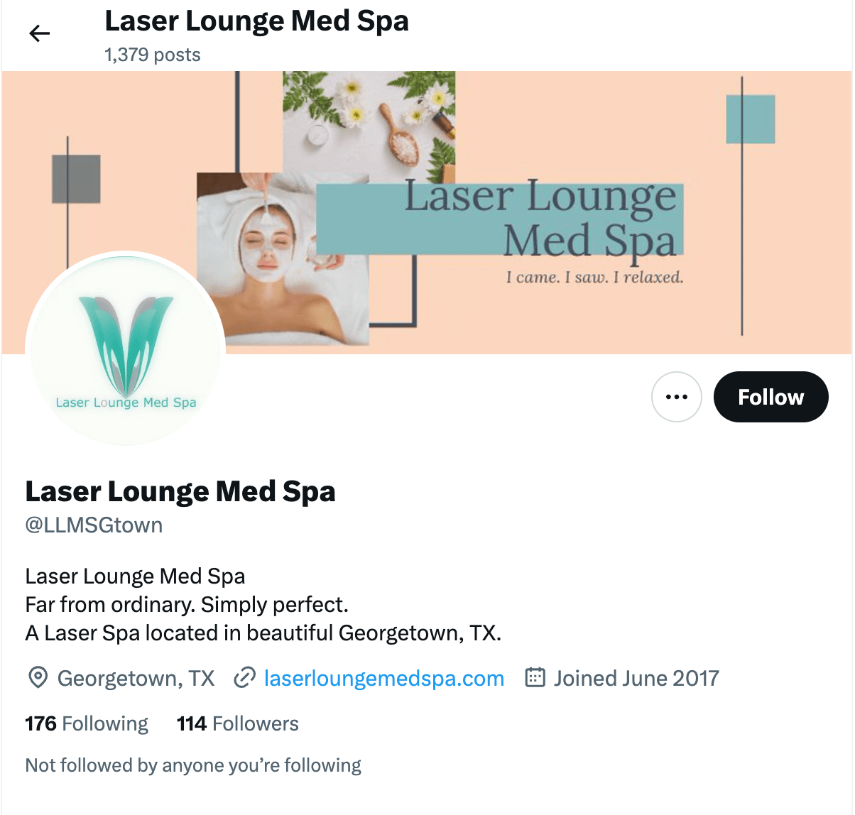 Image of the Laser Lounge Med Spa X feed along with peach banner and images of woman relaxing having a facial