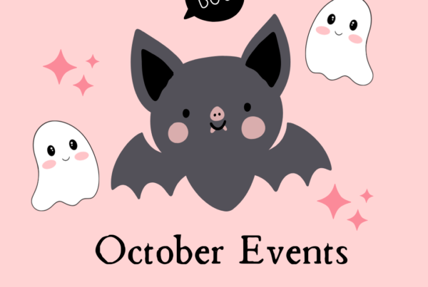 Cute bat and ghosts with a pretty pink background! The bat is saying Boo.