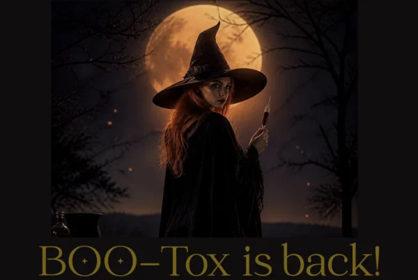 Witch holding a syringe under a full moon with the text "BOO-Tox is back!"